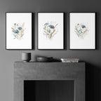 Blue Color Wall Art | Set of 3 Botanical Wall art Prints