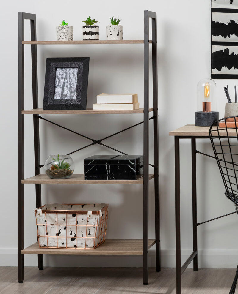 Four Tier Grey Oak Veneer Ladder Shelf Unit | Bradbury