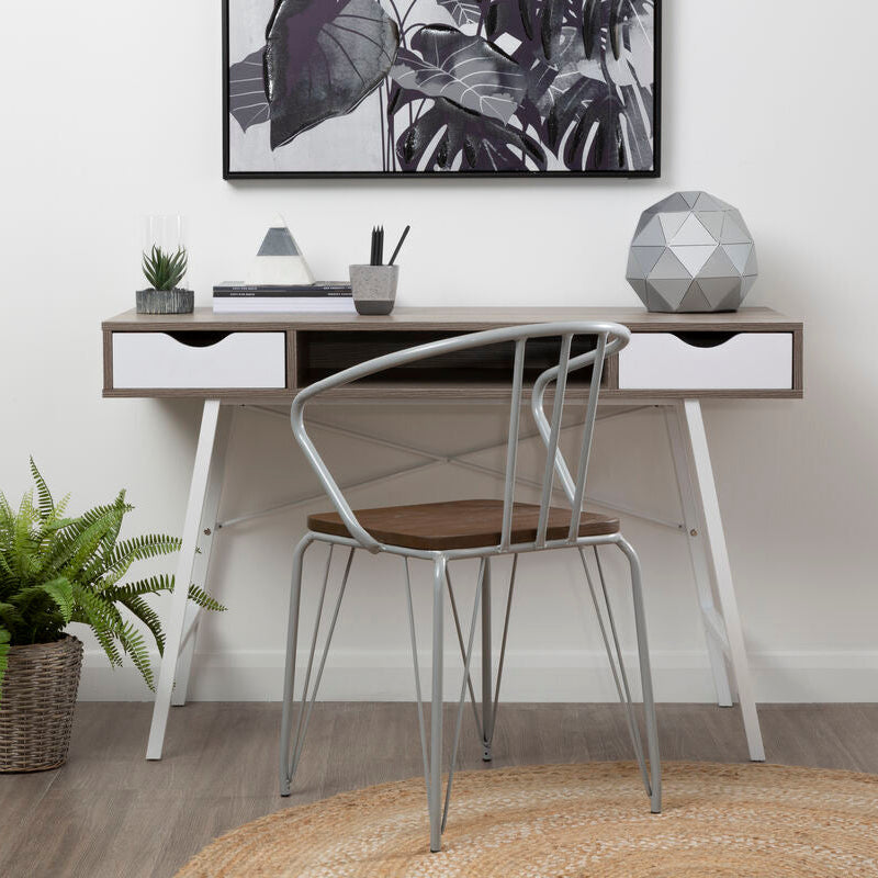 Light Oak Veneer Effect 2 Drawer Desk in White Finish Frame | Bradbury
