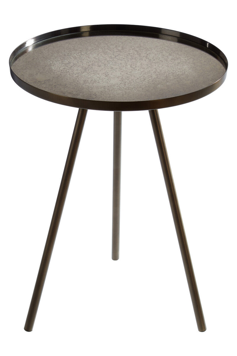 Black Finish Iron Metal Splayed Legs Side Table with Round Weathered Antique Glass Top | Corra
