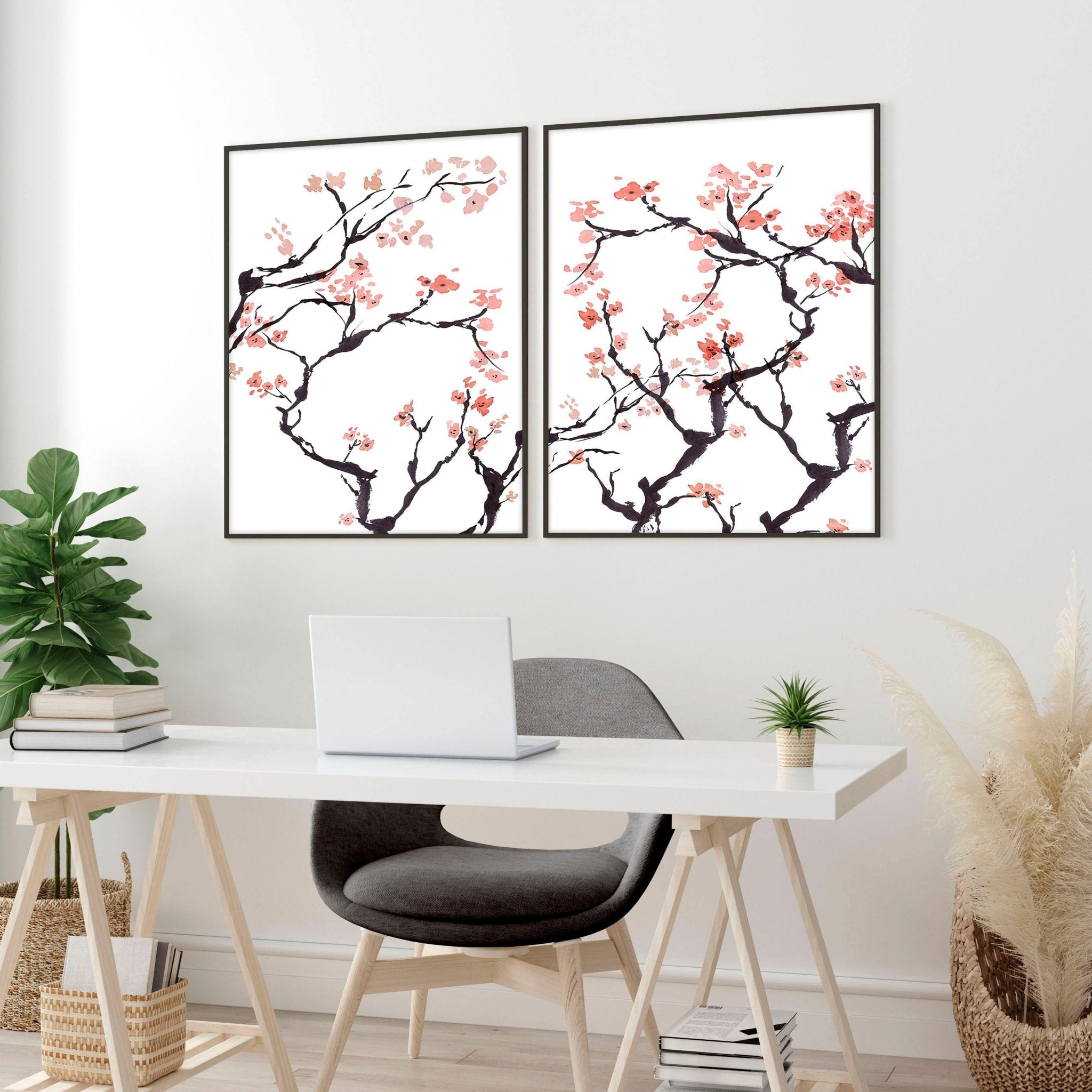 Cherry blossom wall art for home office | Set of 2 wall art prints