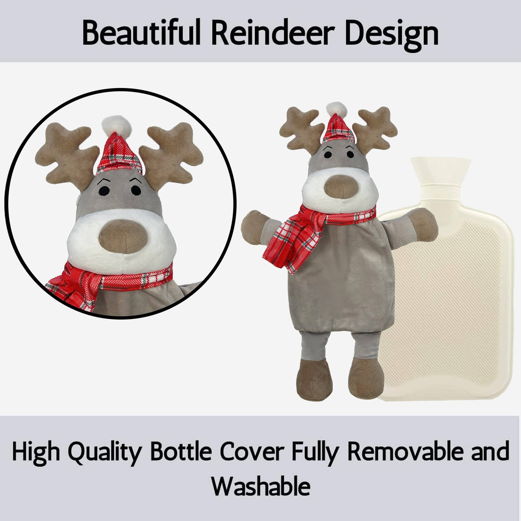 OLIVIA ROCCO Hot Water Bottle With Festive Reindeer Cover 1L Natural Rubber UK Safety Tested Ideal Gift For Adults And Kids - Nest UK