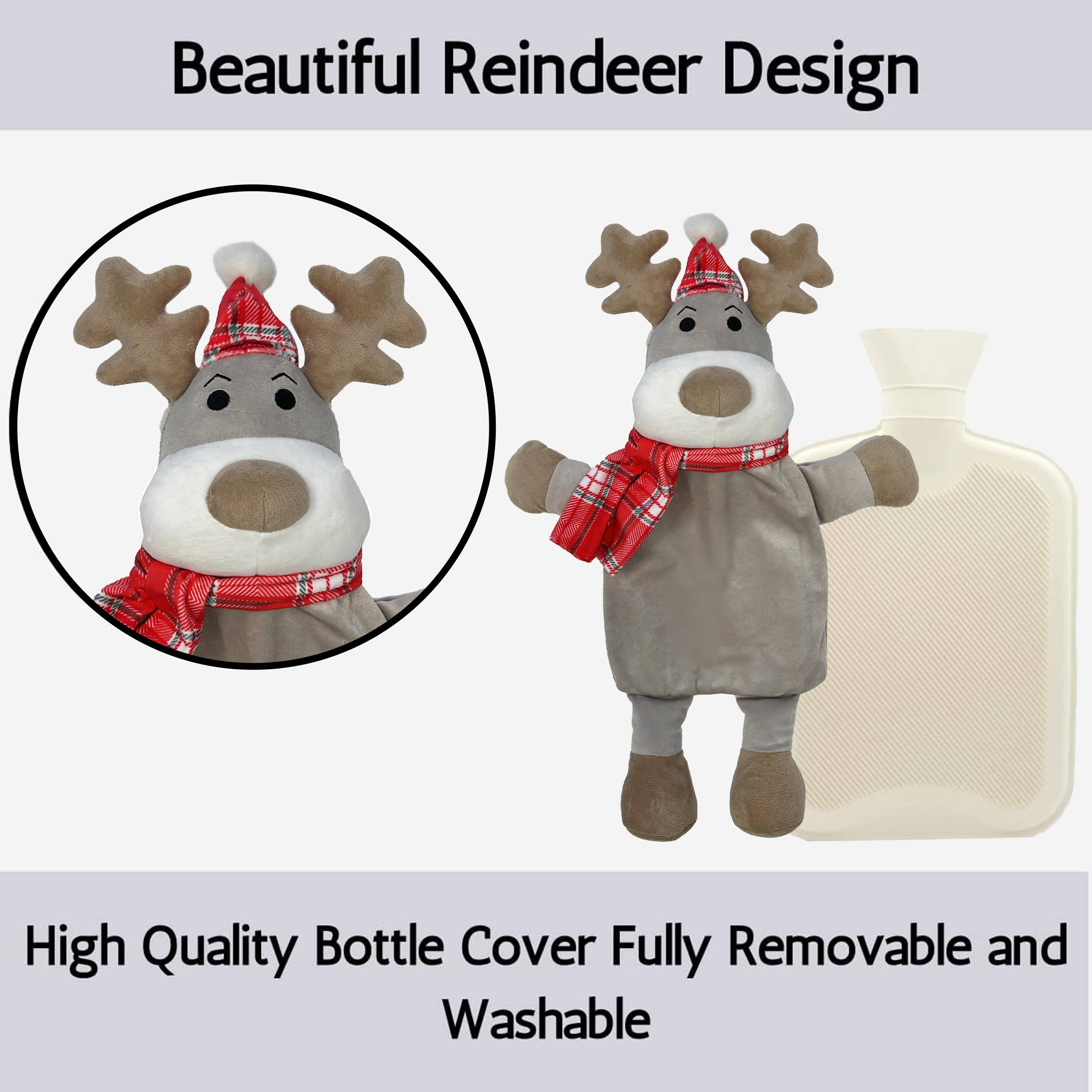 OLIVIA ROCCO Hot Water Bottle With Festive Reindeer Cover 1L Natural Rubber UK Safety Tested Ideal Gift For Adults And Kids - Nest UK