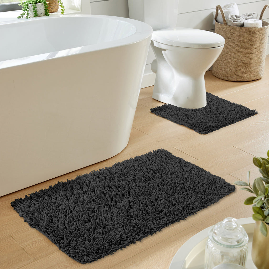 OLIVIA ROCCO Como 2 Piece Black Bath Mat And Pedestal Set Non Slip 100 Percent Cotton Super Absorbent Premium For Everyday Use