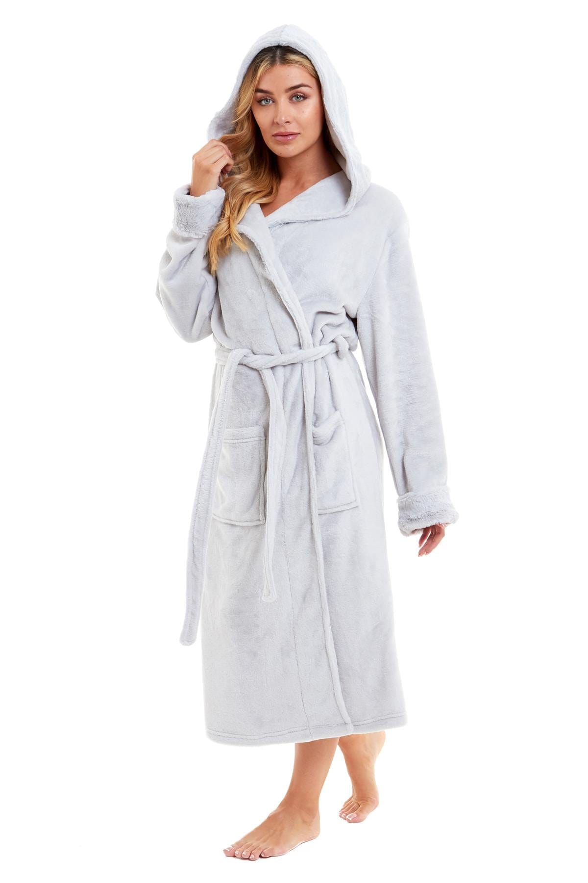 OLIVIA ROCCO Womens Faux Fur Hooded Bathrobe Plush Fleece Ultra-Absorbent Dressing Gown