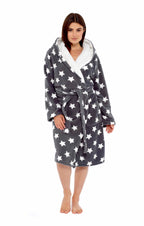 OLIVIA ROCCO Hooded Plush Fleece Robe Star Grey With Ultra Soft Sherpa Fur Lining