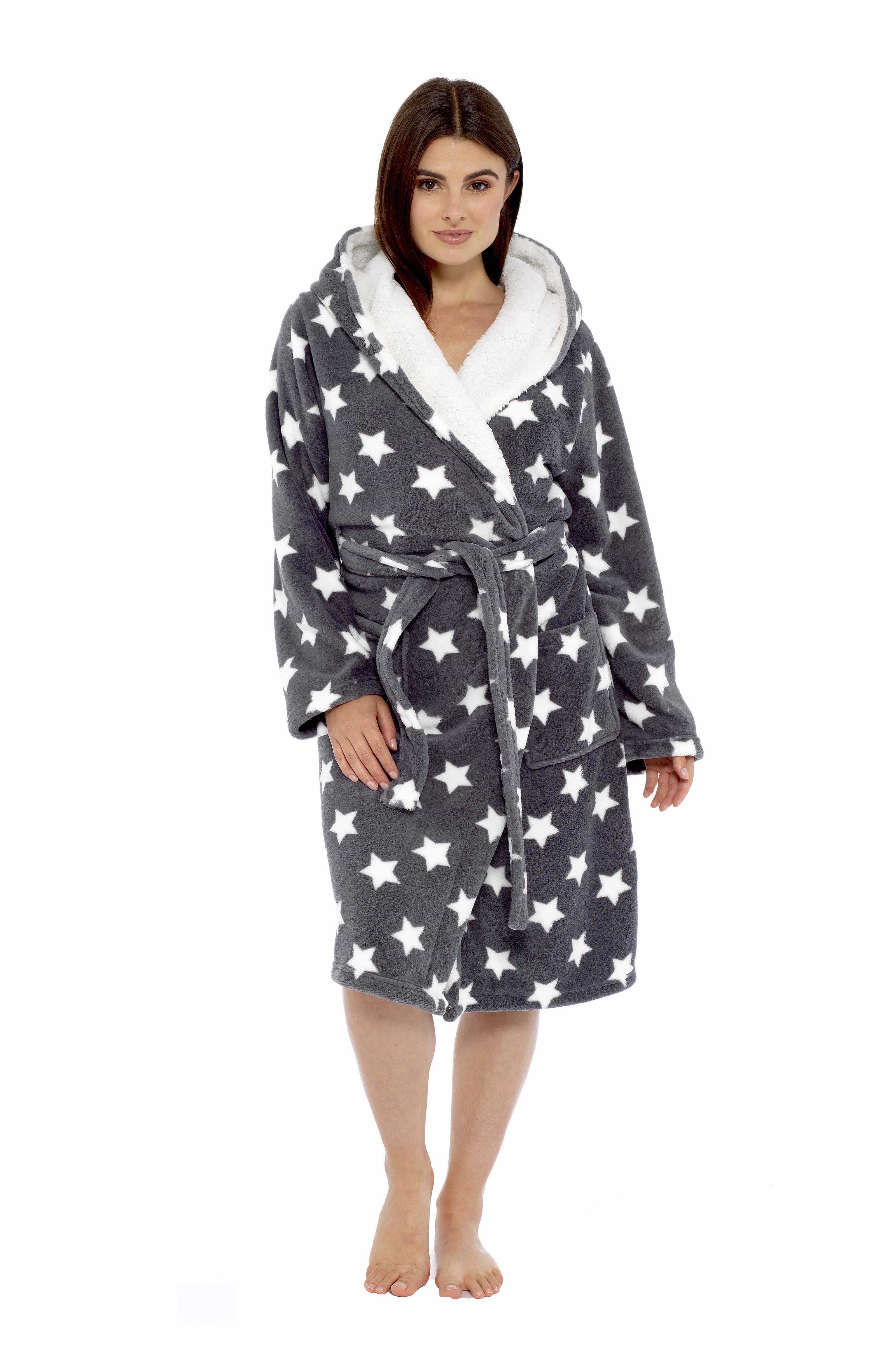 OLIVIA ROCCO Hooded Plush Fleece Robe Star Grey With Ultra Soft Sherpa Fur Lining