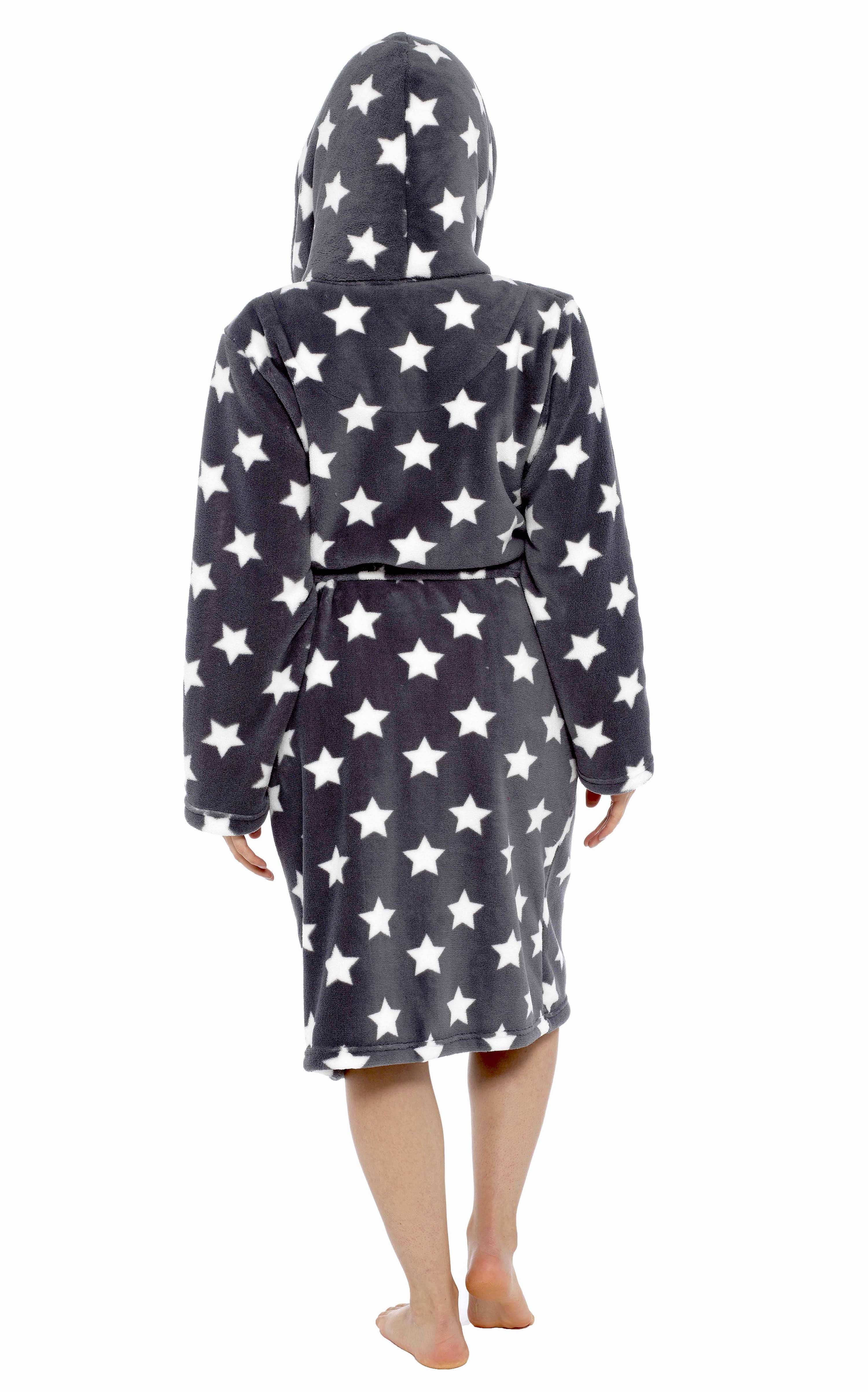 OLIVIA ROCCO Hooded Plush Fleece Robe Star Grey With Ultra Soft Sherpa Fur Lining