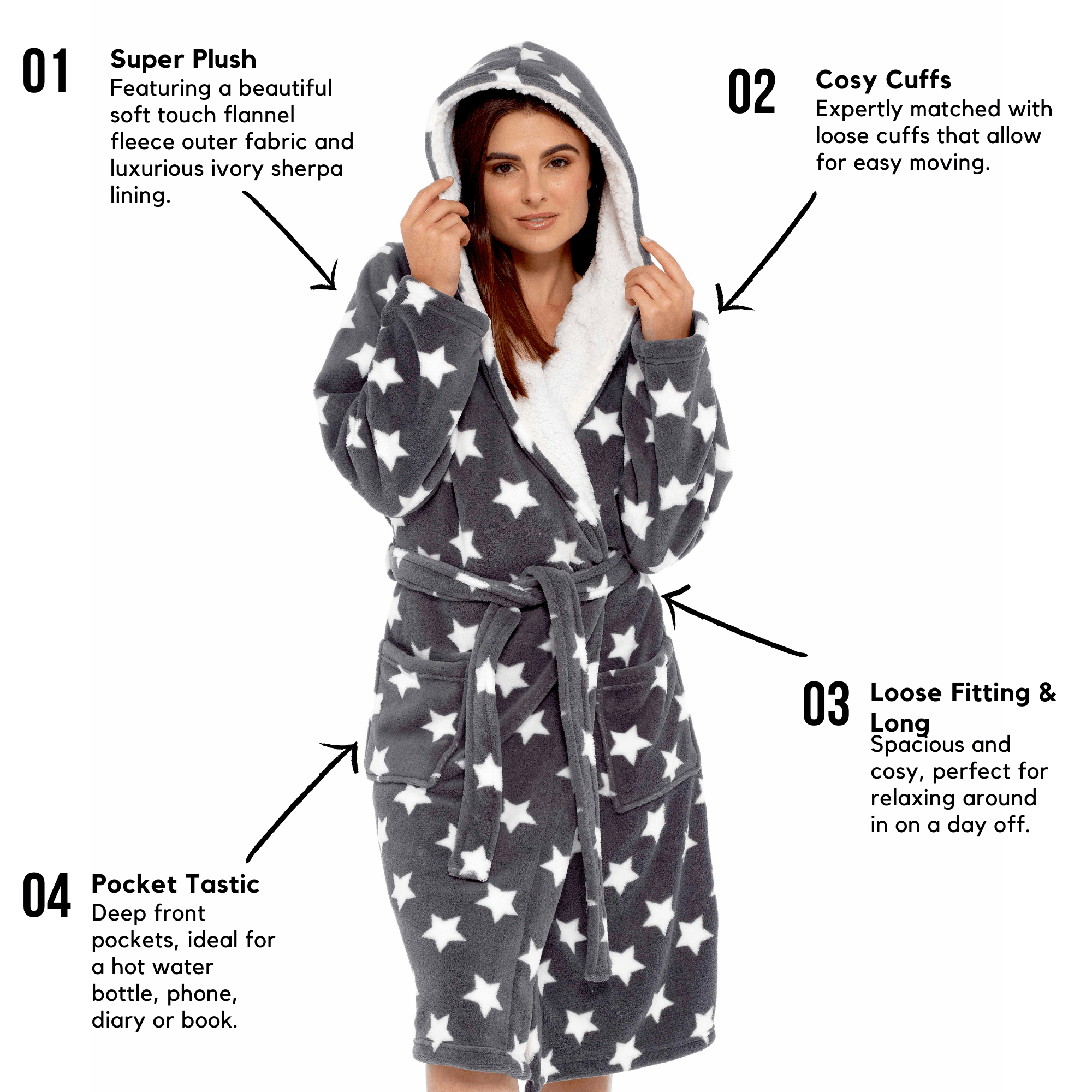 OLIVIA ROCCO Hooded Plush Fleece Robe Star Grey With Ultra Soft Sherpa Fur Lining