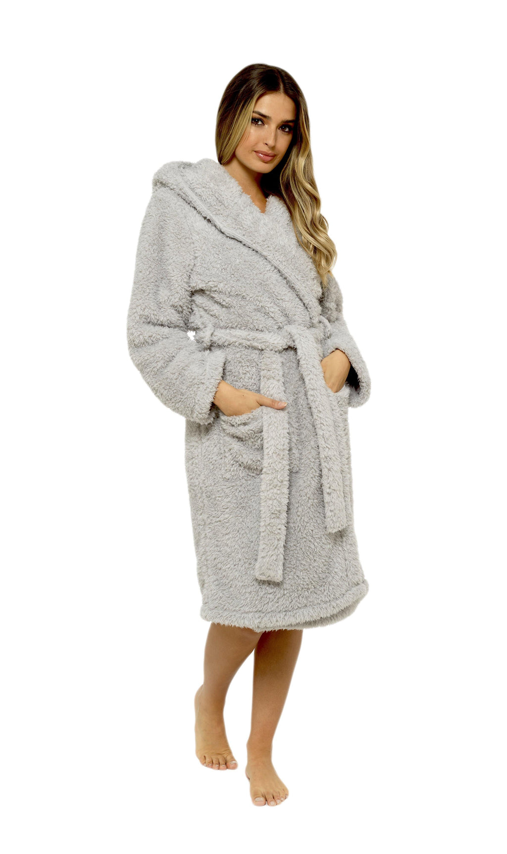 OLIVIA ROCCO Women's Teddy Fleece Hooded Robe Grey Sherpa Lined Ultra Soft Dressing Gown