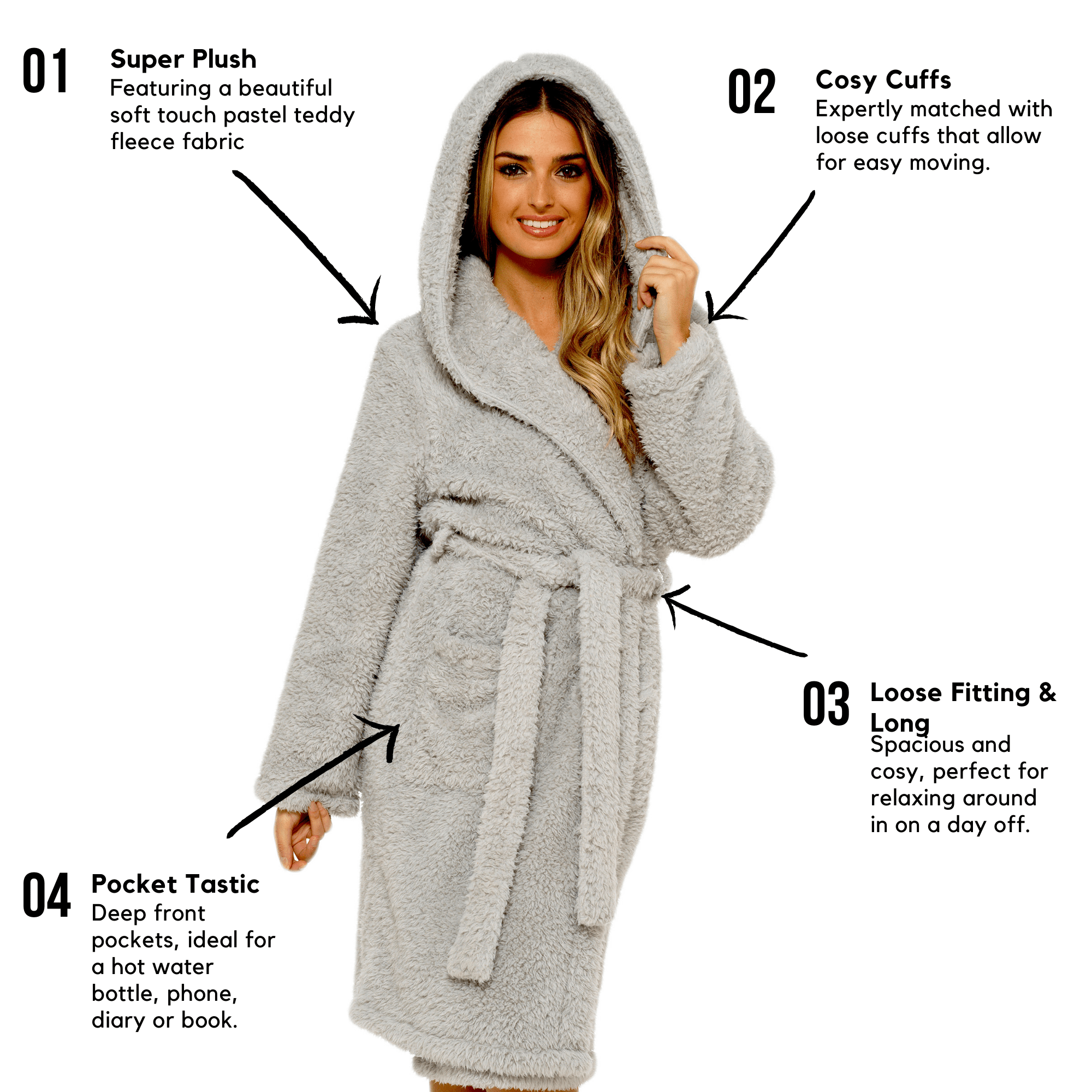 OLIVIA ROCCO Women's Teddy Fleece Hooded Robe Grey Sherpa Lined Ultra Soft Dressing Gown
