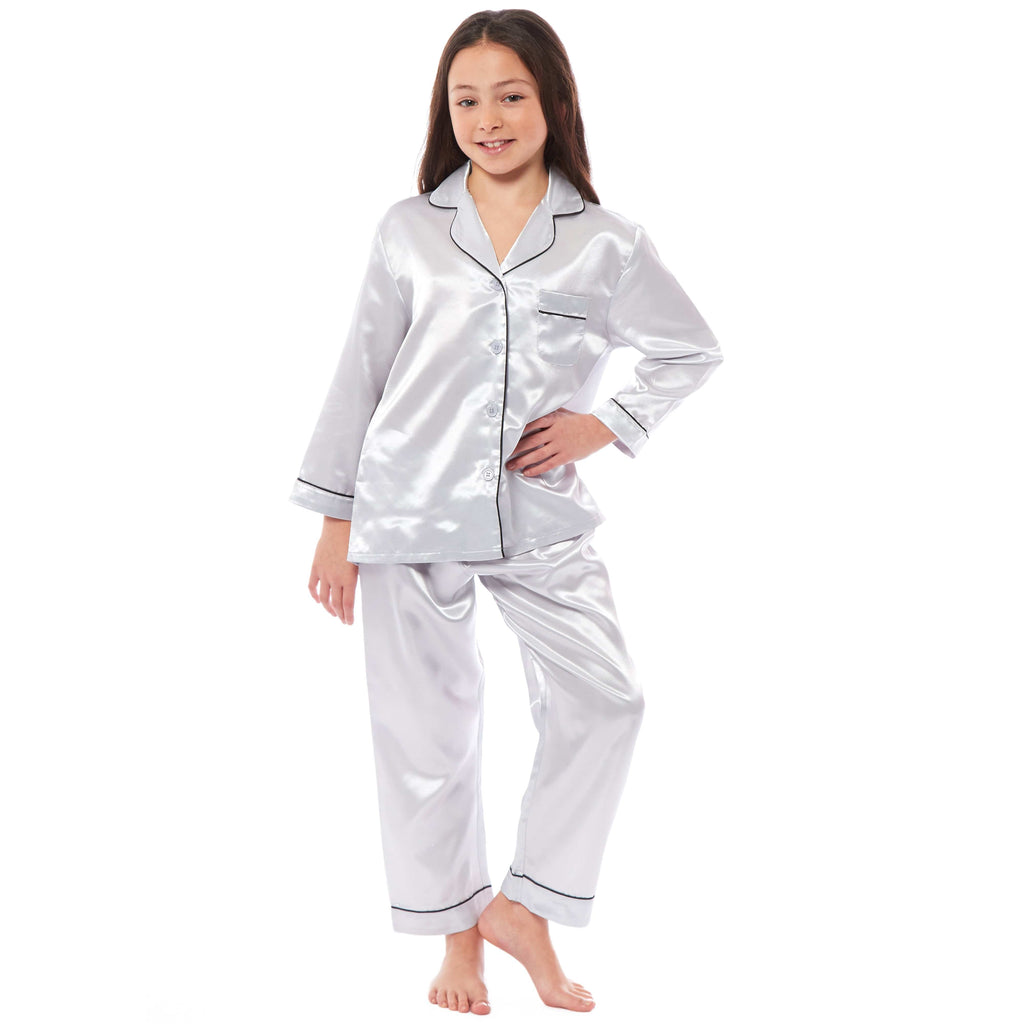 OLIVIA ROCCO Girls Satin Silk Long Sleeve Pyjama Set Black Pink Grey 5-14 Button Down