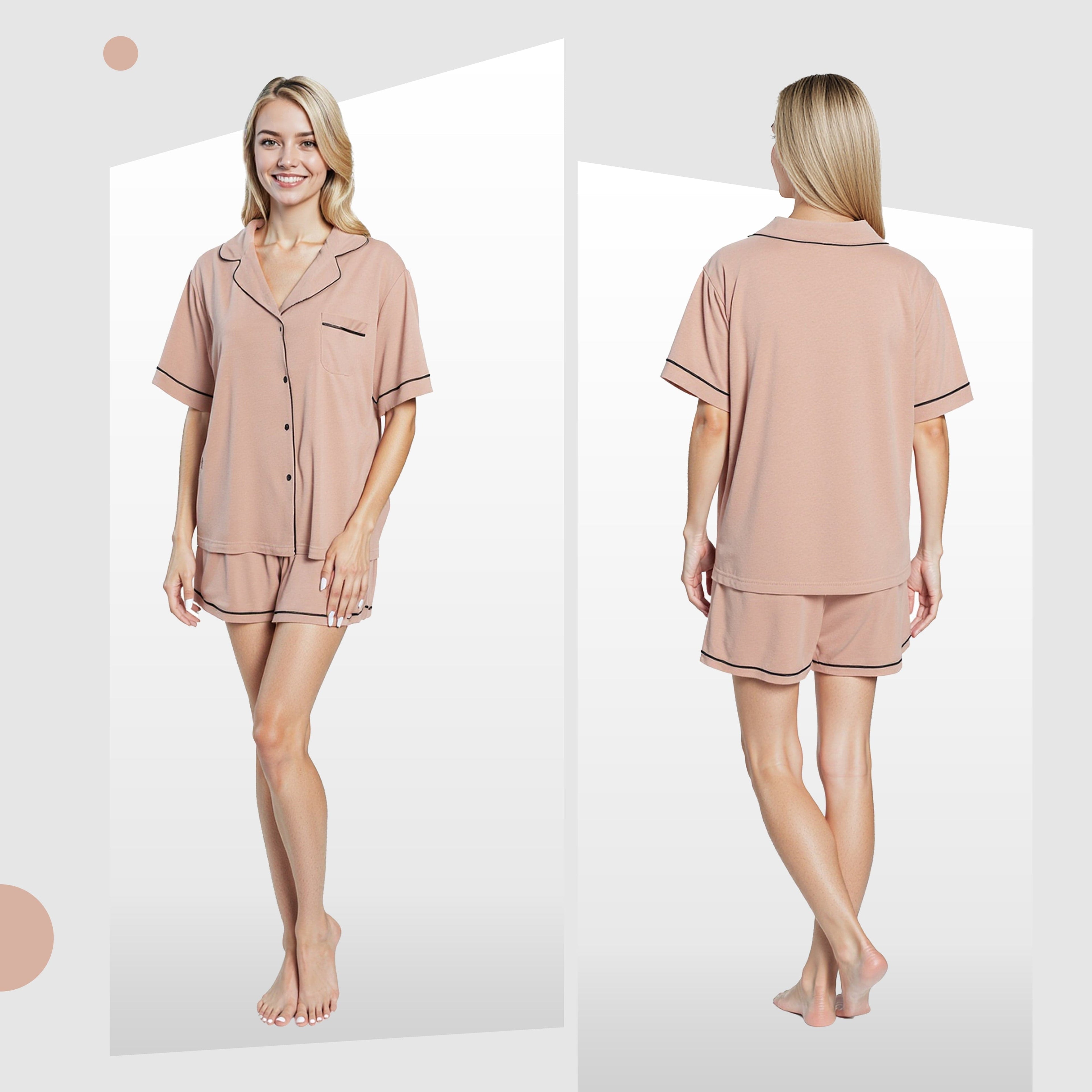 OLIVIA ROCCO Women's Natural Short Pyjama Set Button Up Top And Shorts With Pockets