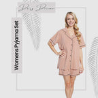 OLIVIA ROCCO Women's Natural Short Pyjama Set Button Up Top And Shorts With Pockets