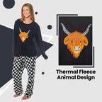 OLIVIA ROCCO Womens Thermal Fleece Pyjamas Set Highland Cow Animal Print Winter Super Soft Cosy Home Loungewear