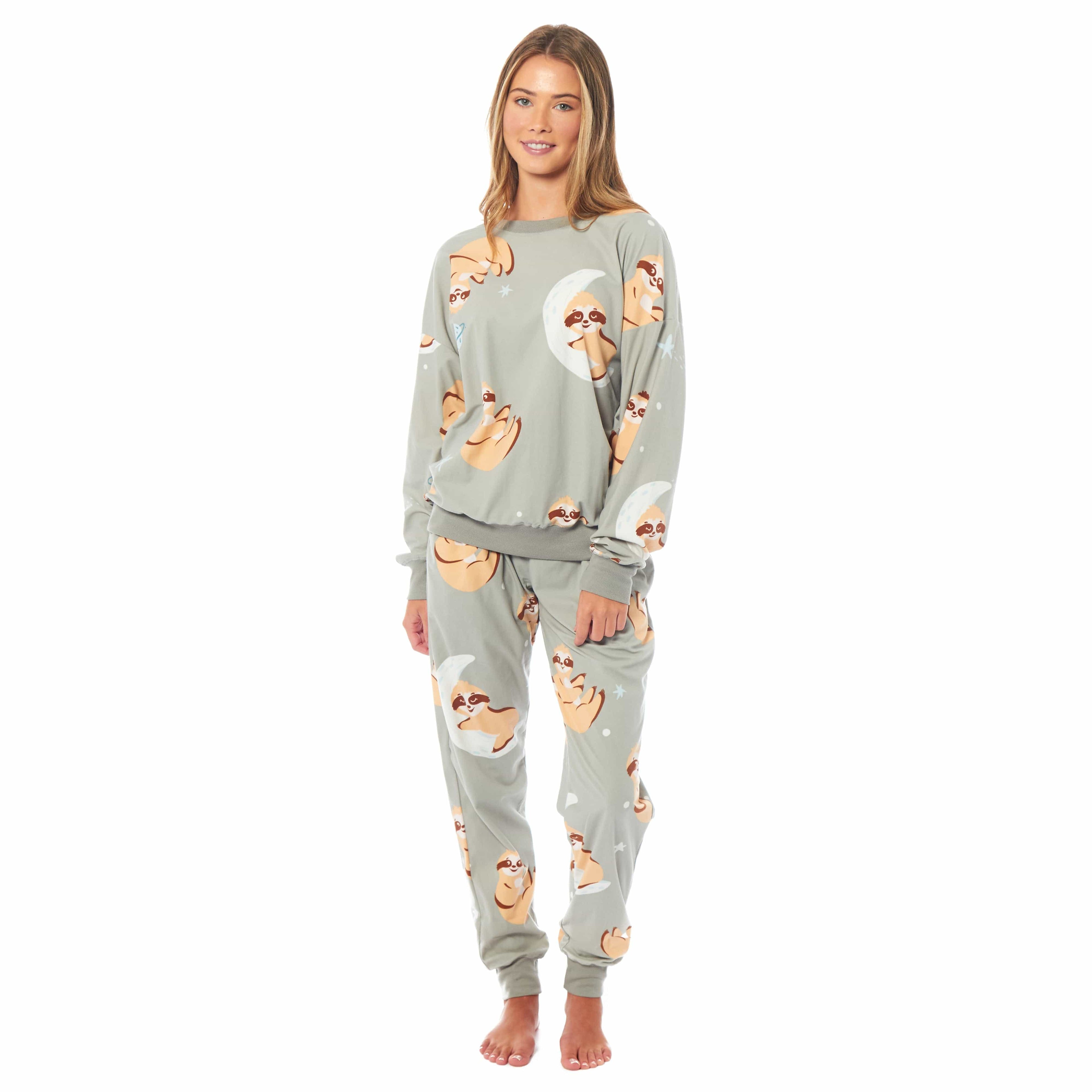 OLIVIA ROCCO Women's Sloth Soft Fleece Pyjama Set Long Sleeve Animal Print Warm Sleepwear