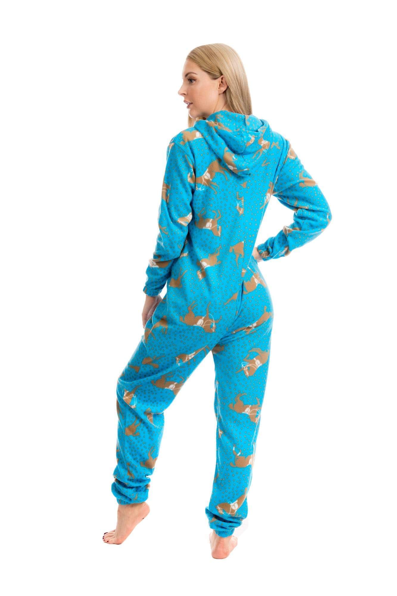 OLIVIA ROCCO Womens Blue Horse Print Hooded Fleece Onezee Pyjama Set For Warm Nightwear