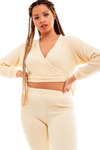 OLIVIA ROCCO Womens Teddy Fleece Loungewear Set With Wrap Top And Stretch Pants Easy-Care Super Soft Sleep Set