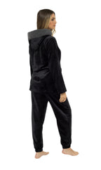 OLIVIA ROCCO Women's Hooded Pyjama Set Black Plush Fleece with Sherpa Lining Ultra Soft