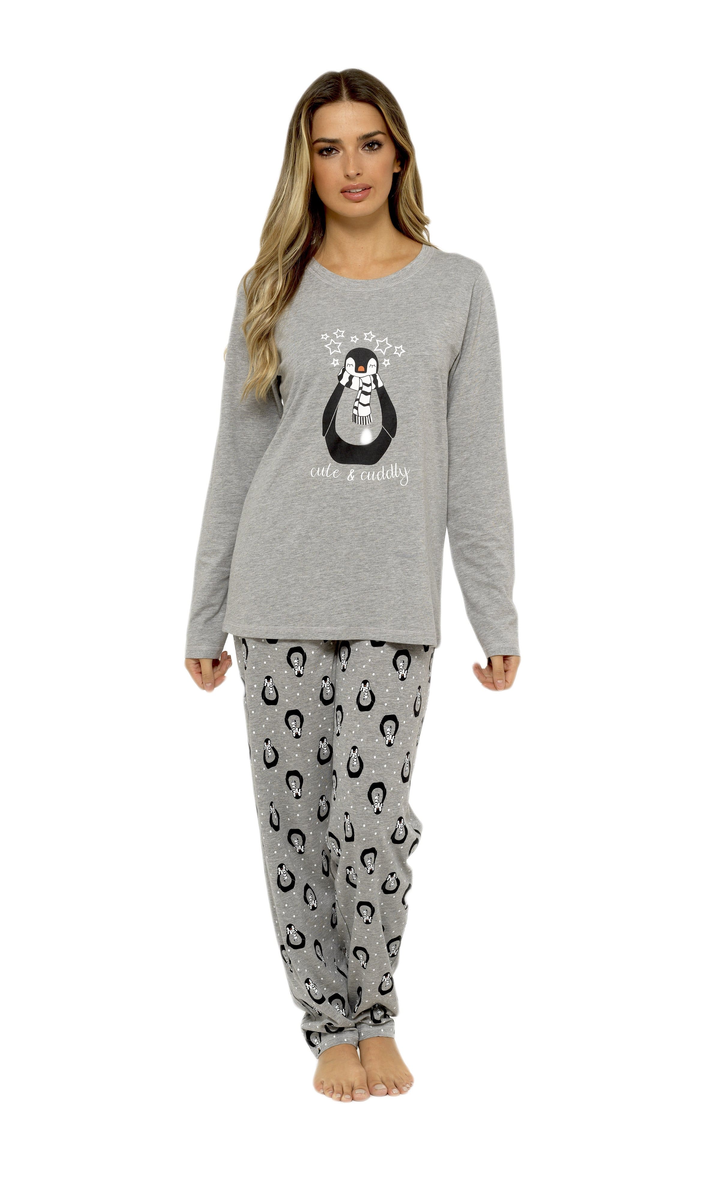 OLIVIA ROCCO Women's Penguin Stars Grey Cotton Pyjama Set Easy-Care Super Soft Sleep Set