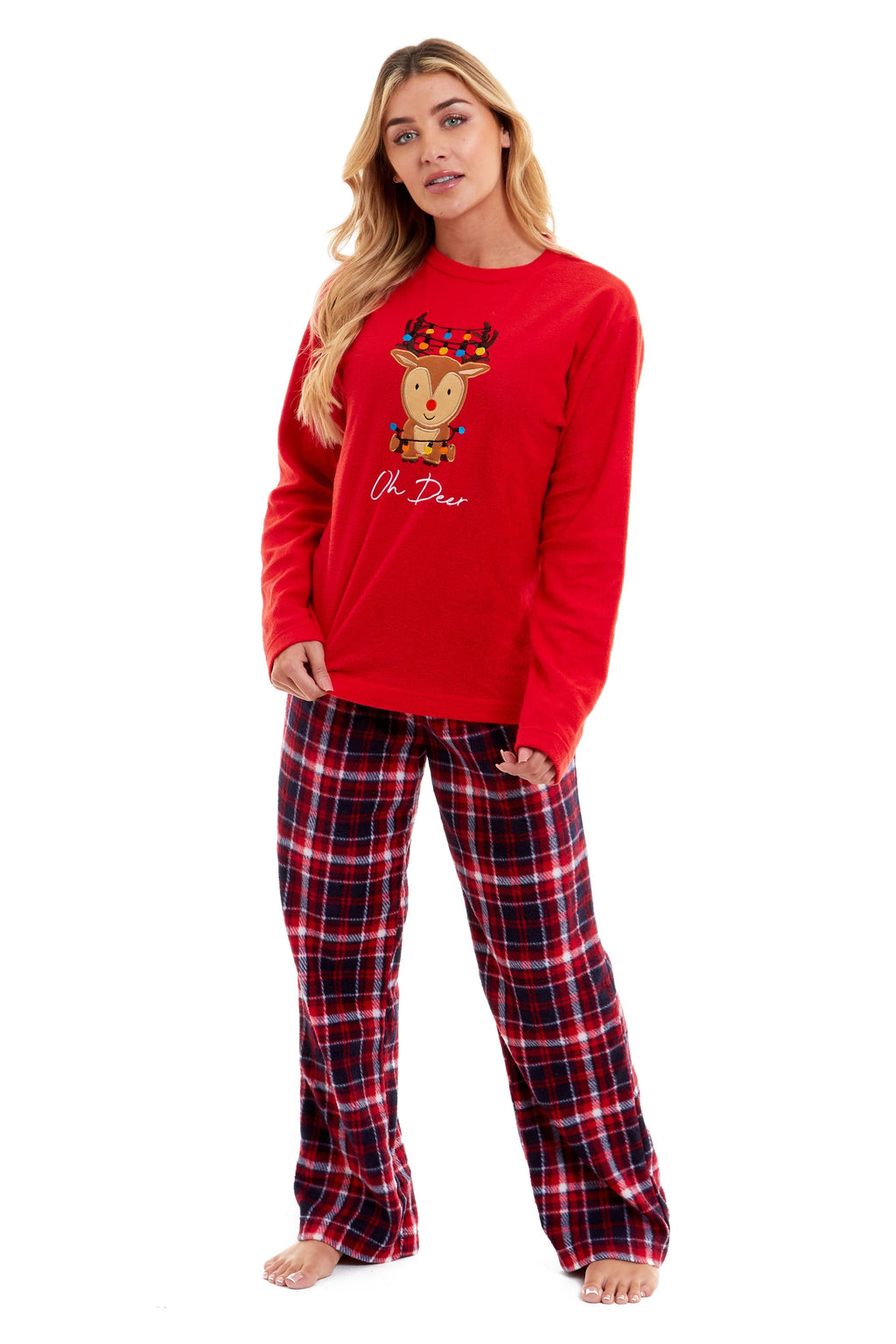 OLIVIA ROCCO Women's Polar Fleece Pyjama Set Festive Reindeer Pattern UltraSoft Winter