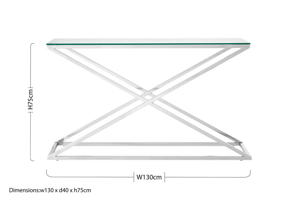 Clear Tempered Glass Top Console Table with Stainless Steel Criss Cross Base | Montril