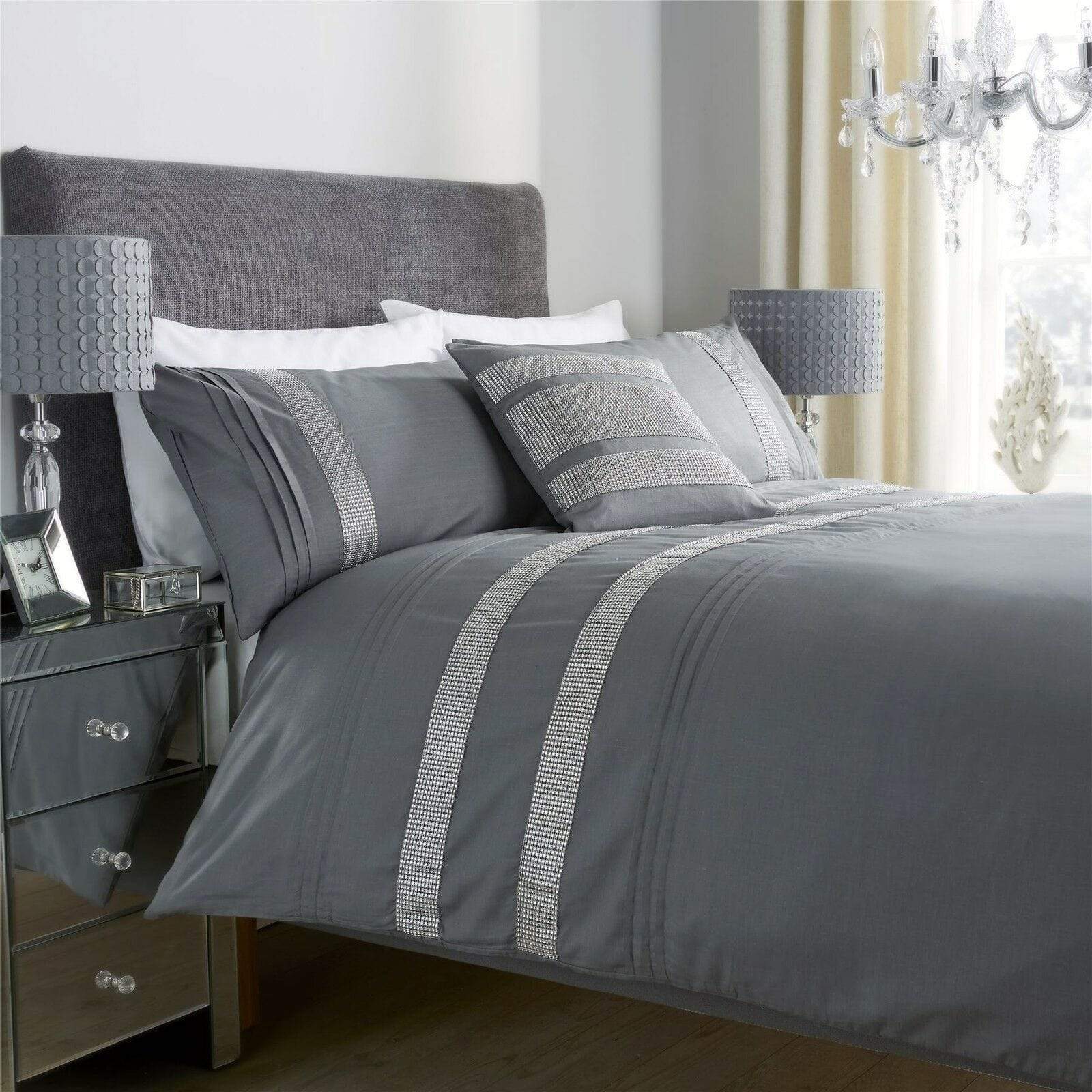 OLIVIA ROCCO Diamante Glitz Cotton Rich Duvet Set With Handwoven Crystal Detailing For Elegant Bedroom Decor In All Sizes Soft Plush Comfort - Nest UK