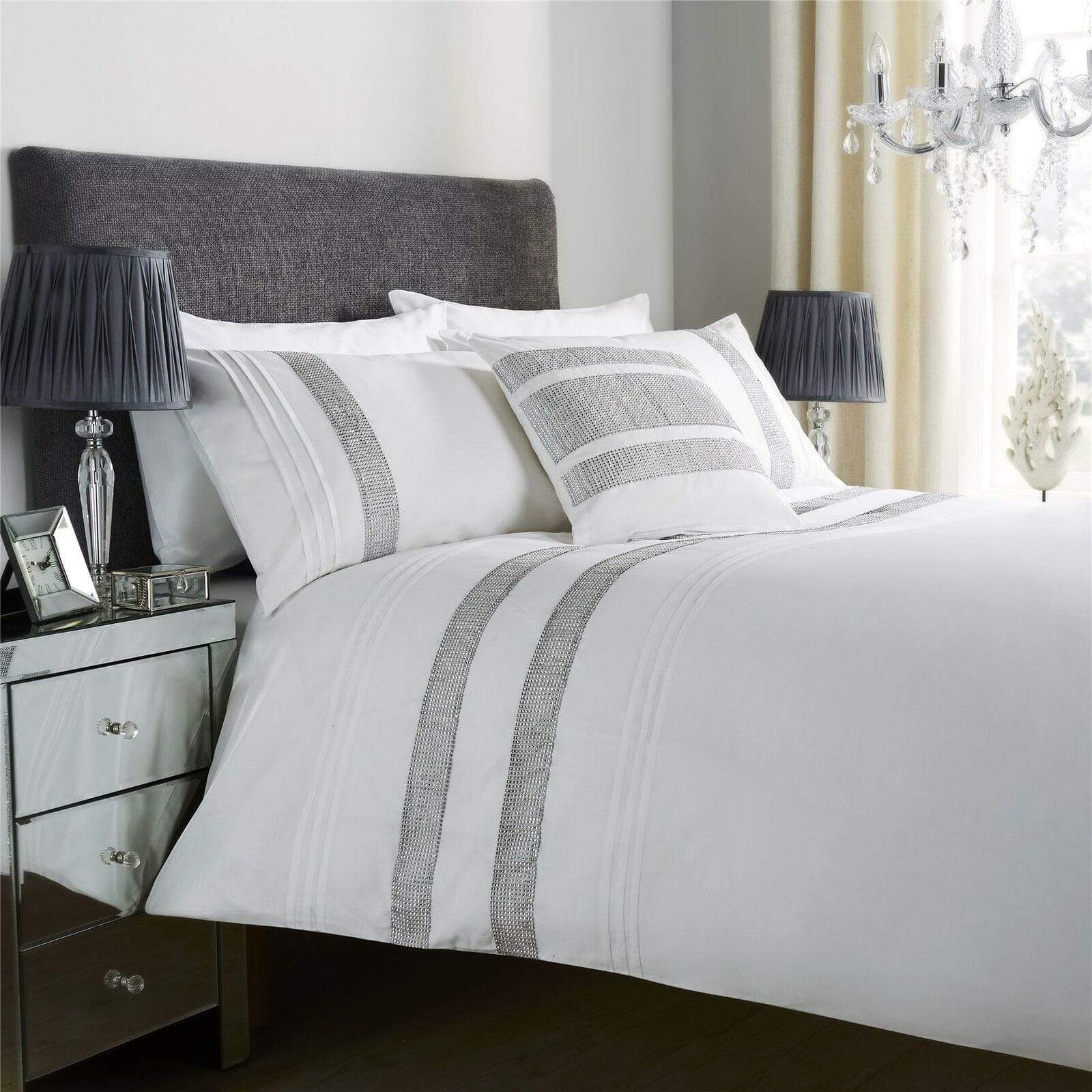 OLIVIA ROCCO Diamante Glitz Cotton Rich Duvet Set With Handwoven Crystal Detailing For Elegant Bedroom Decor In All Sizes Soft Plush Comfort - Nest UK