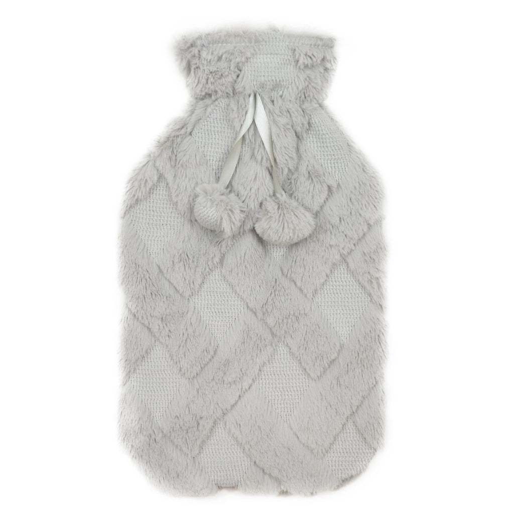 OLIVIA ROCCO Diamond Fleece Plush Hot Water Bottle 2L With Pom Poms, Natural Rubber, UK Safe Tested, Cozy Warmth For Winter Nights
