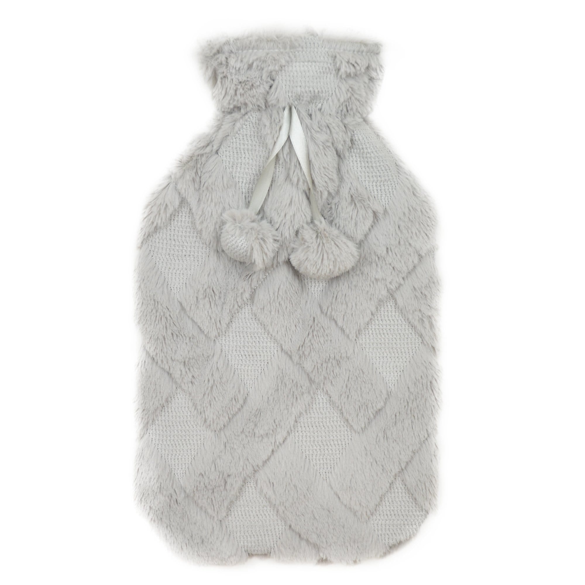 OLIVIA ROCCO Diamond Fleece Plush Hot Water Bottle 2L With Pom Poms, Natural Rubber, UK Safe Tested, Cozy Warmth For Winter Nights