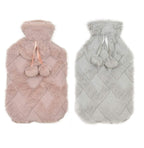 OLIVIA ROCCO Diamond Fleece Plush Hot Water Bottle 2L With Pom Poms, Natural Rubber, UK Safe Tested, Cozy Warmth For Winter Nights