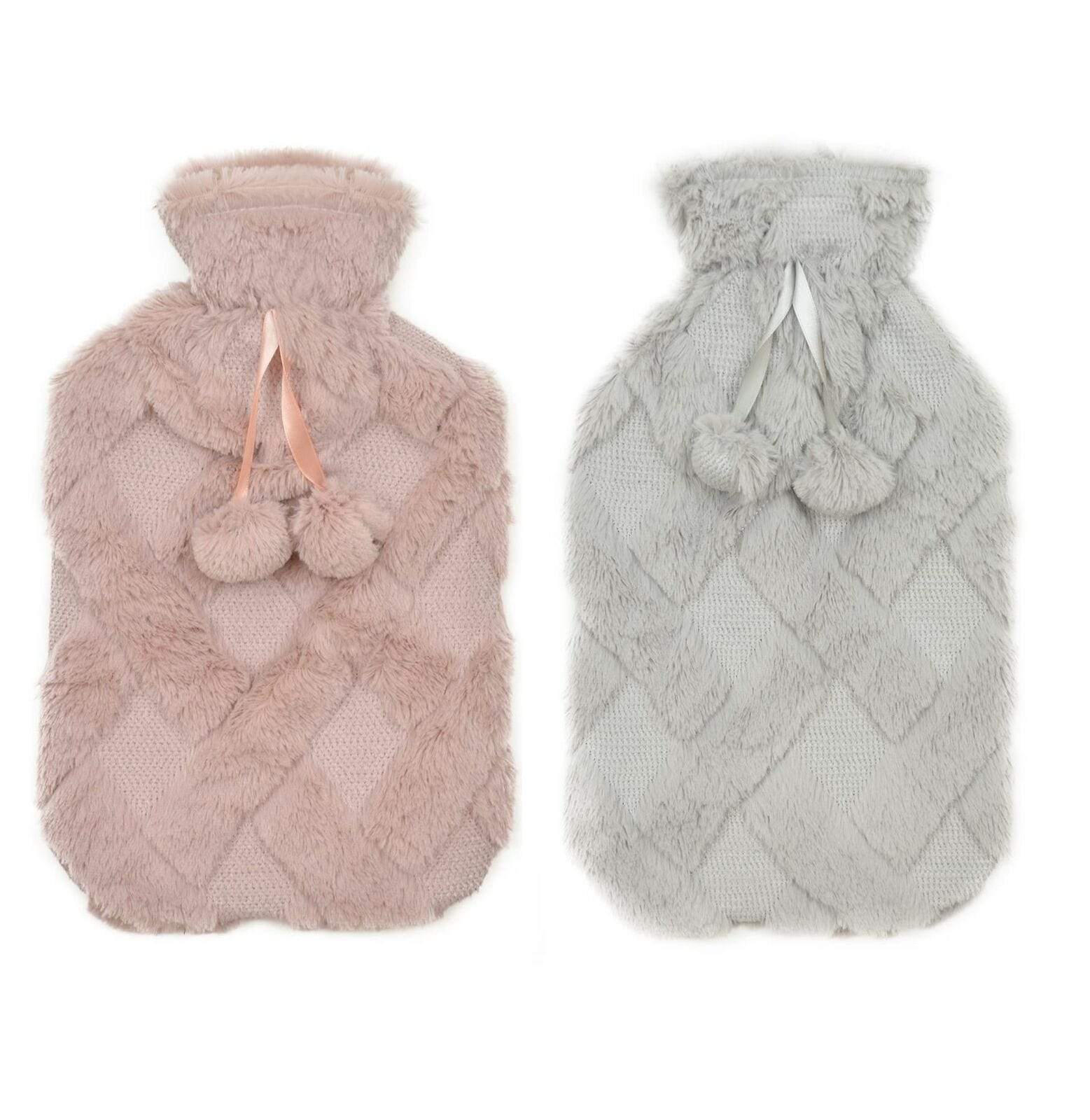 OLIVIA ROCCO Diamond Fleece Plush Hot Water Bottle 2L With Pom Poms, Natural Rubber, UK Safe Tested, Cozy Warmth For Winter Nights