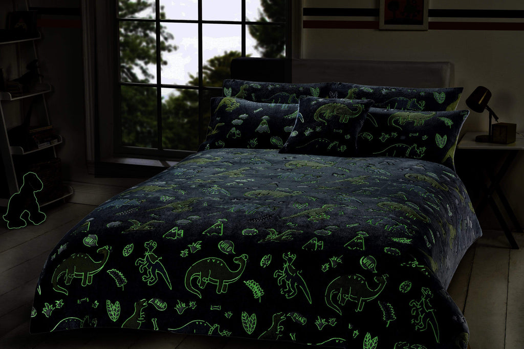 OLIVIA ROCCO Dinosaur Glow In The Dark Teddy Fleece Duvet Set With Bed Throw And Cushion For Kids Single And Double Sizes - Nest UK