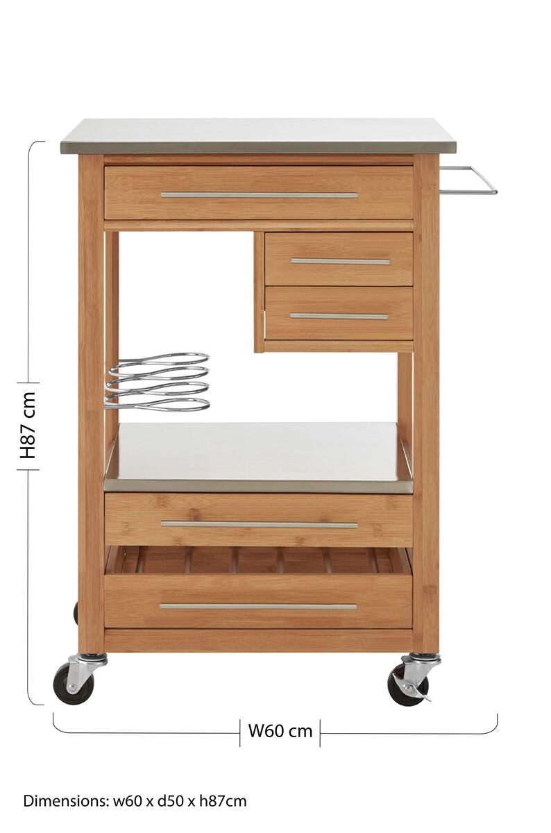 Natural Bamboo Four Drawer Kitchen Trolley with Stainless Steel Worktop | Harlow
