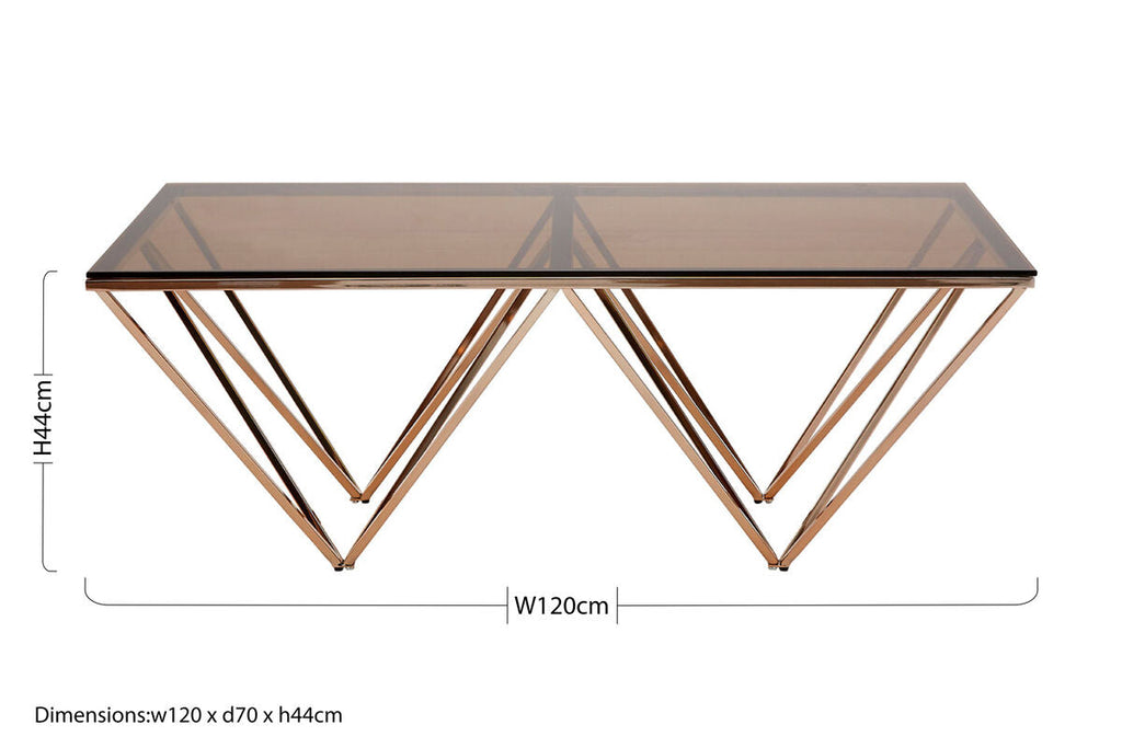 Red-Tinted Tempered Glass Top Coffee Table with Geometric Prismatic Champagne Metal Legs, Allure