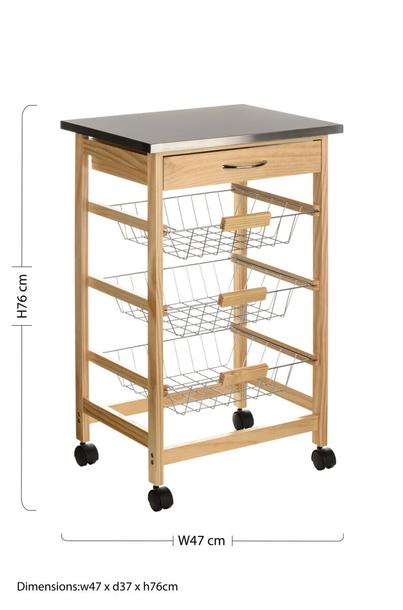 Silver Pinewood Kitchen Trolley with Drawer and Baskets Glenn | Harlow