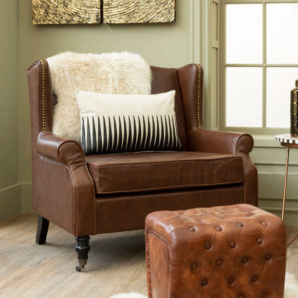 Brown Leather Effect Wing Armchair | Fulham