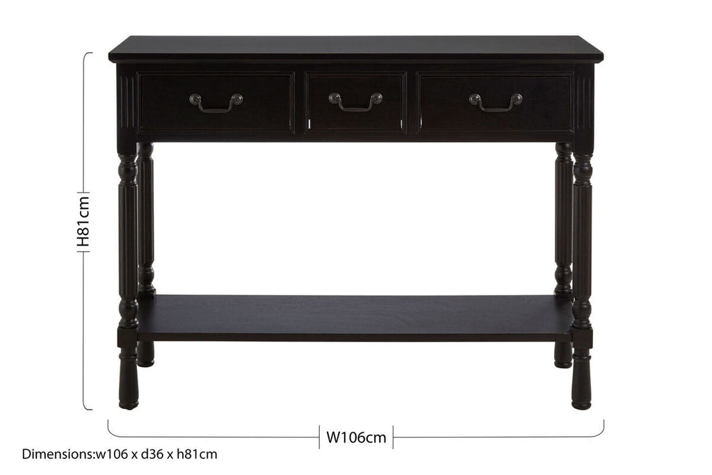 Vintage Black Wooden Three-Drawer Console Table with Bottom Storage Shelf and Carved Spindle Legs, Heritage