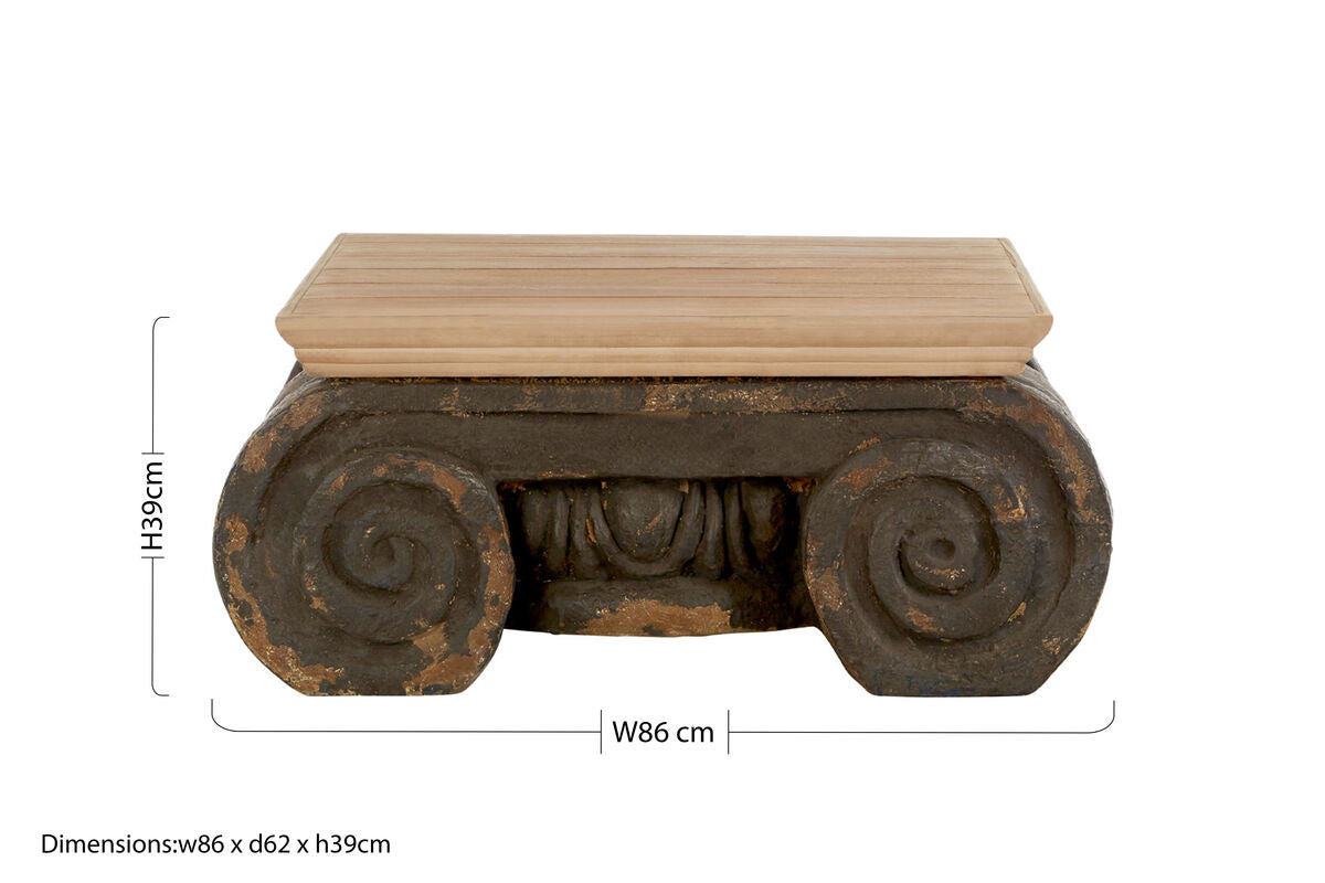 Natural Wood Top Coffee Table with Distressed Charcoal Grey Ornate Base | Pompeii