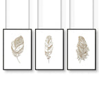 Gold artwork for living room | set of 3 Feathers wall art prints