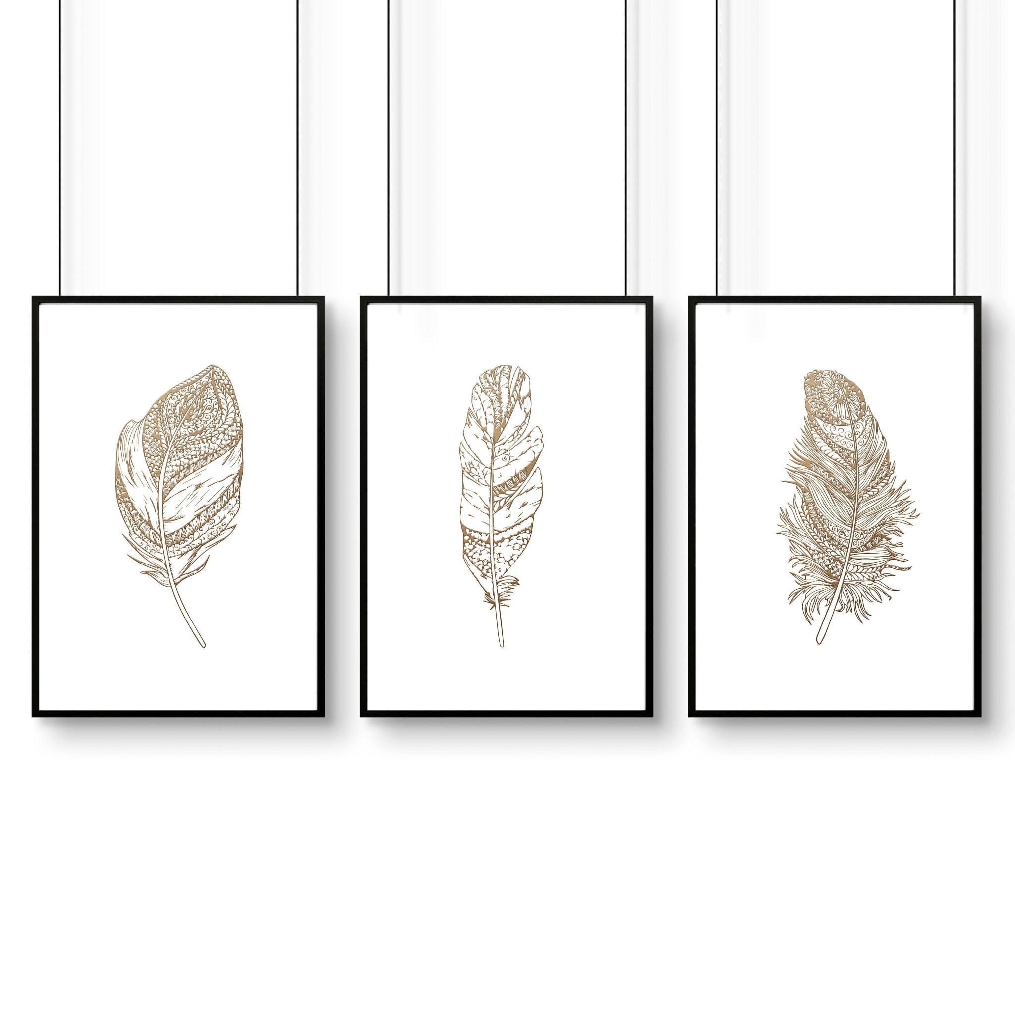 Gold artwork for living room | set of 3 Feathers wall art prints