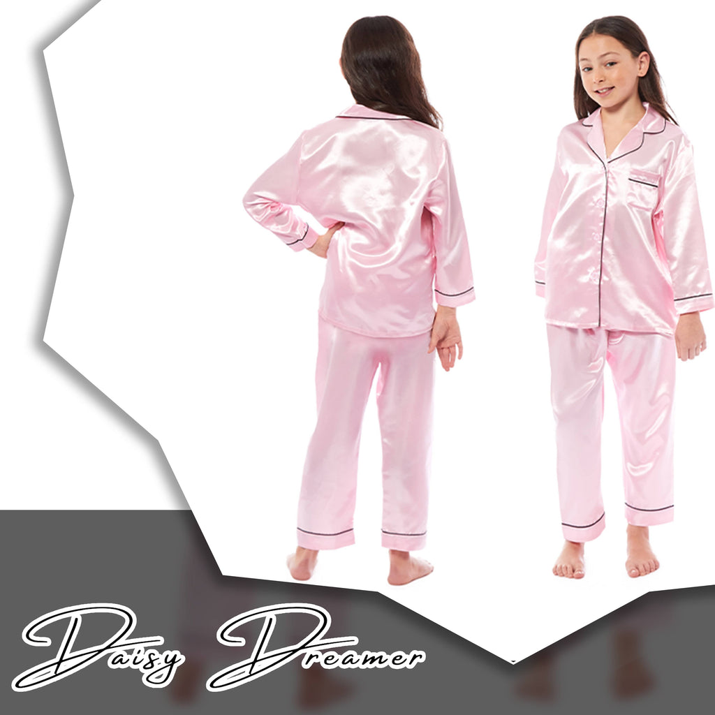 OLIVIA ROCCO Girls Satin Silk Long Sleeve Pajama Set Black Pink Grey 5-14 Button Down Shirt Loose Fit Pants Daisy Dreamer - Nest UK