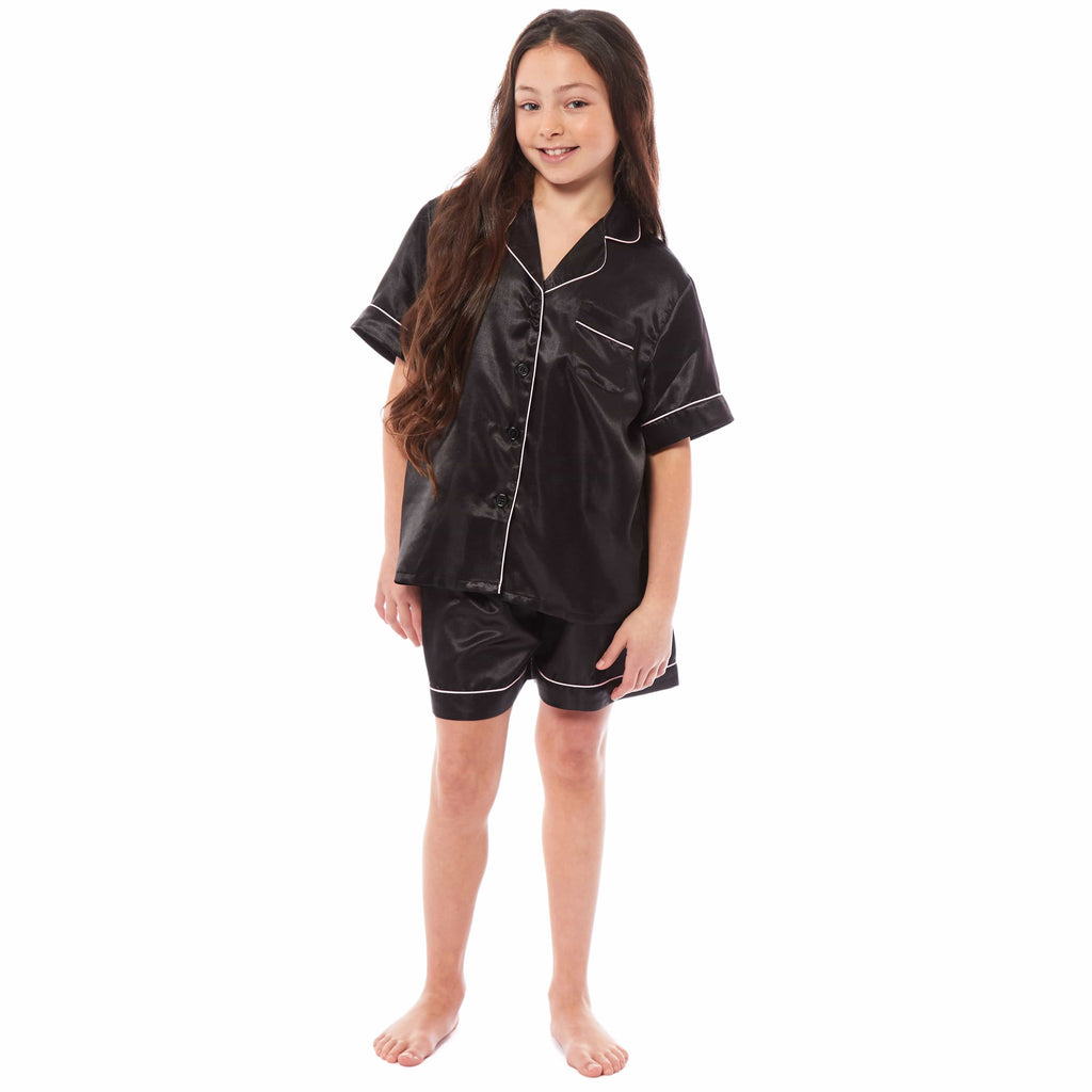 OLIVIA ROCCO Girls Satin Silk Short Pyjama Set Button Down Shirt And Loose Fitting Pants Ages 5-14 Black Pink Grey Cozy Nightwear