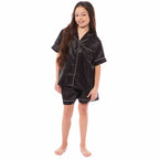 OLIVIA ROCCO Girls Satin Silk Short Pyjama Set Button Down Shirt And Loose Fitting Pants Ages 5-14 Black Pink Grey Cozy Nightwear
