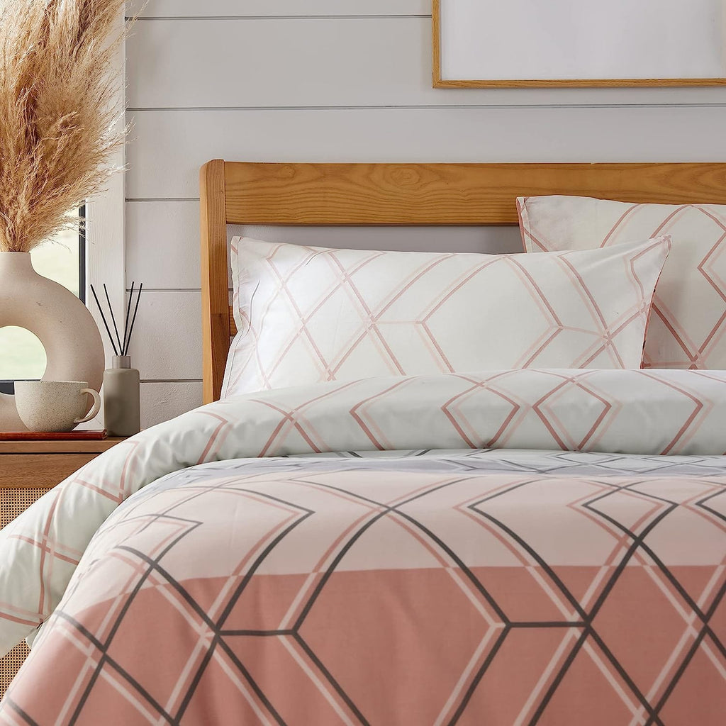 OLIVIA ROCCO Havanna Geo Reversible Luxury Cotton Blend Duvet Cover Set With Pillowcases Pink Teal Single Double King Soft Feel