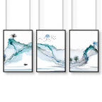 Art print set of 3 | Teal Japanese wall art print for living room