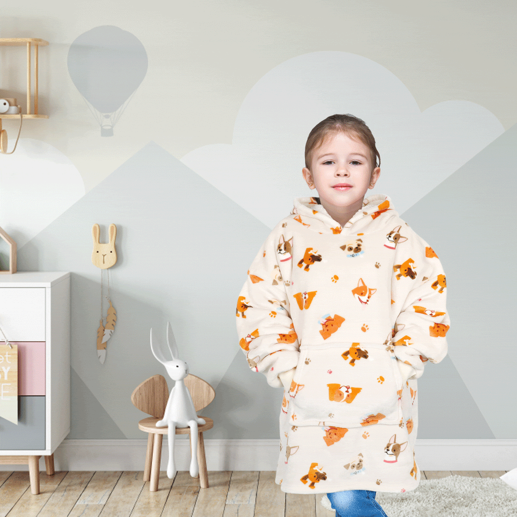 OLIVIA ROCCO Kids Oversized Hooded Blanket Hoodie Sherpa Fur Fleece Dogs Pattern Ultra-Soft Loungewear Machine Washable For Ages 8-15