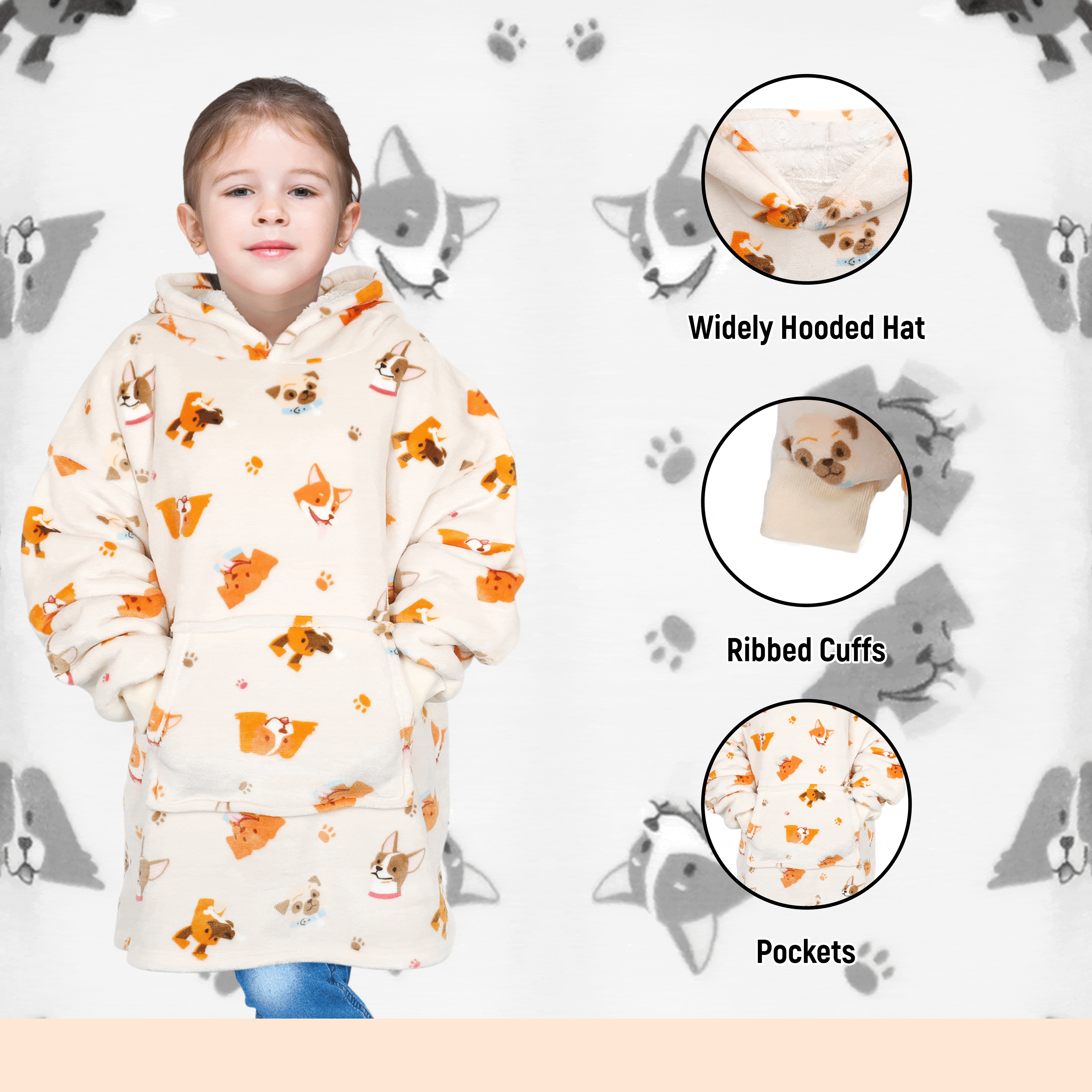 OLIVIA ROCCO Kids Oversized Hooded Blanket Hoodie Sherpa Fur Fleece Dogs Pattern Ultra-Soft Loungewear Machine Washable For Ages 8-15