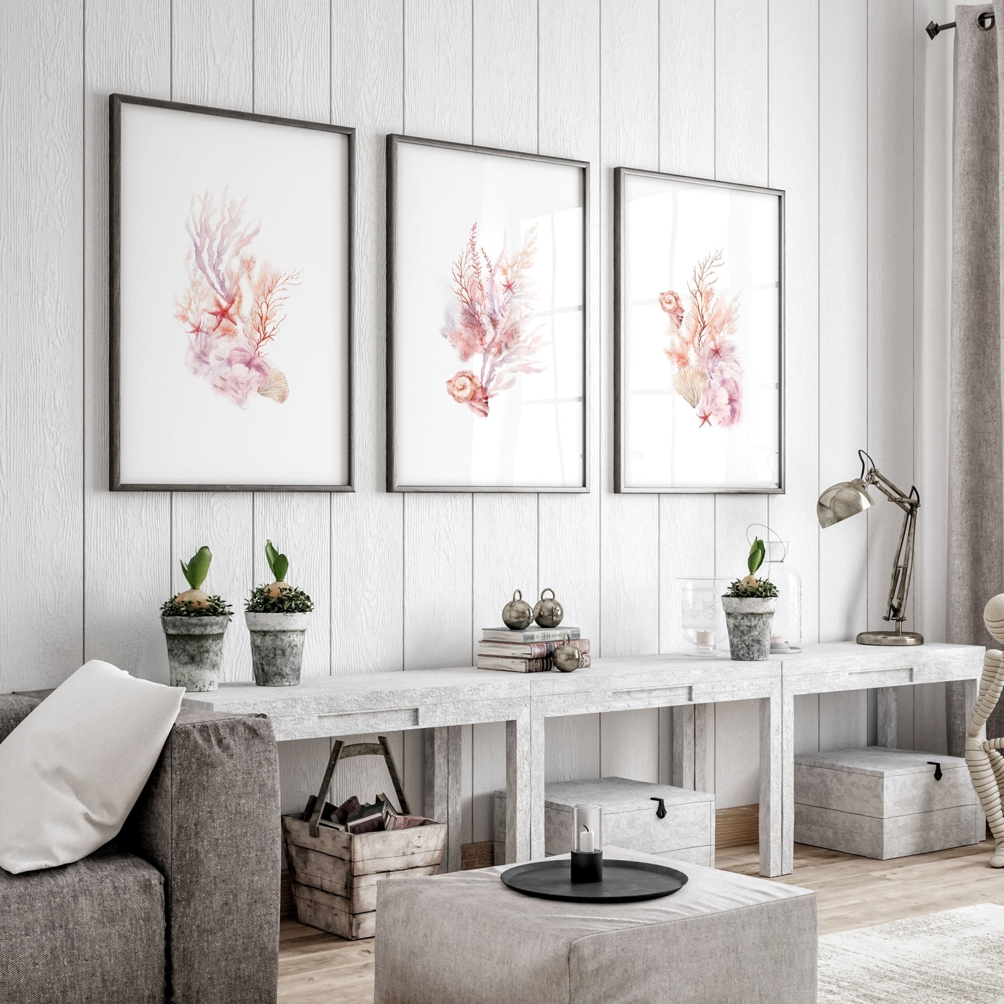 Large Paintings For Wall | Set of 3 Seashells Wall art Prints