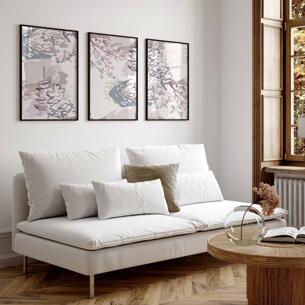 Set of 3 wall art for living room | set of 3 Chinoiserie wall art